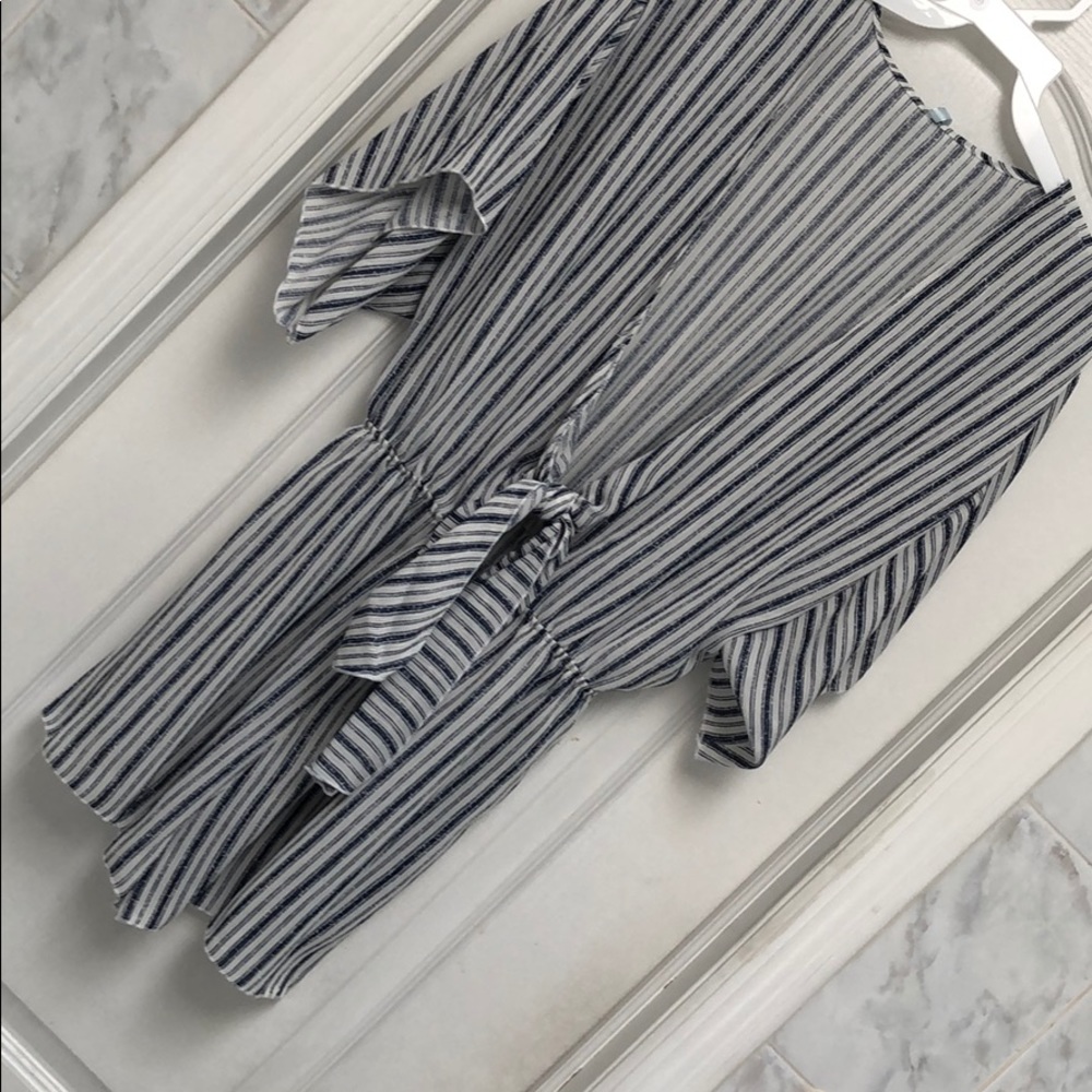 Navy & white pinstripe, tie front shorts romper - Picture 4 of 8